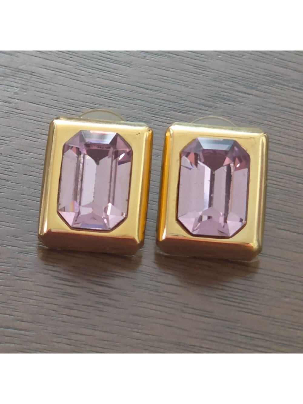 Purple Glass Gold Tone 3/4" Rectangle Pierced Earrings